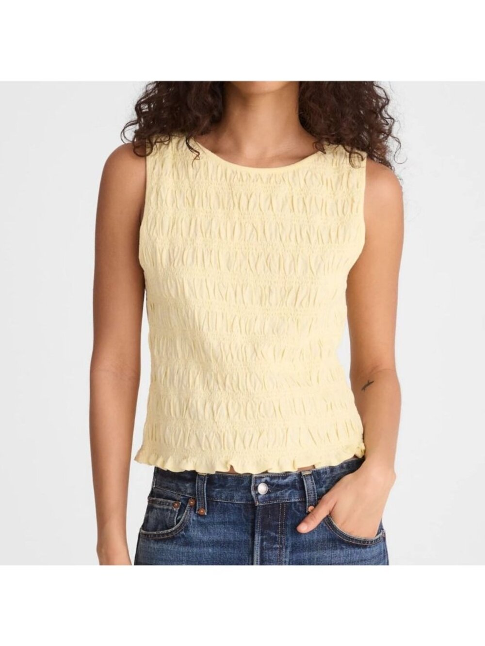 NWT Madewell Smocked Boatneck Tank Top Sz M Yellow Cotton Linen Slim Crop Ruffle